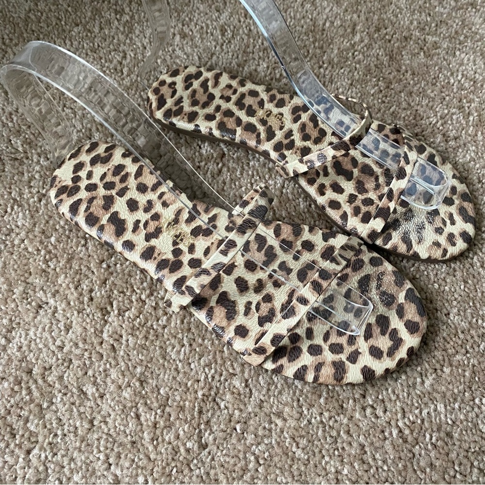 TKEES | Women's Gemma Leopard Printed Leather Slip On Sandals Size 6